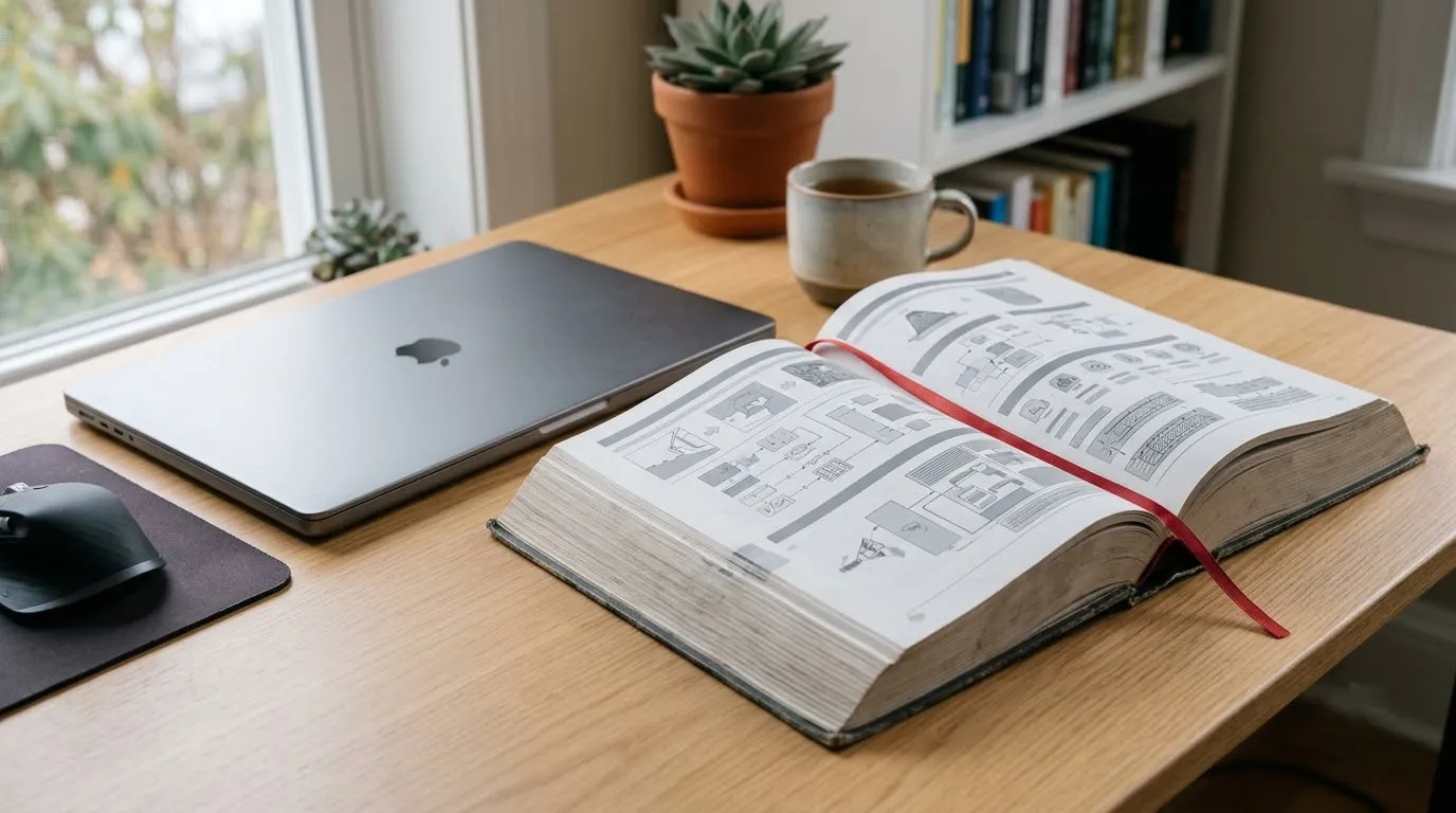 A laptop closed on a desk beside a printed manual left open.
