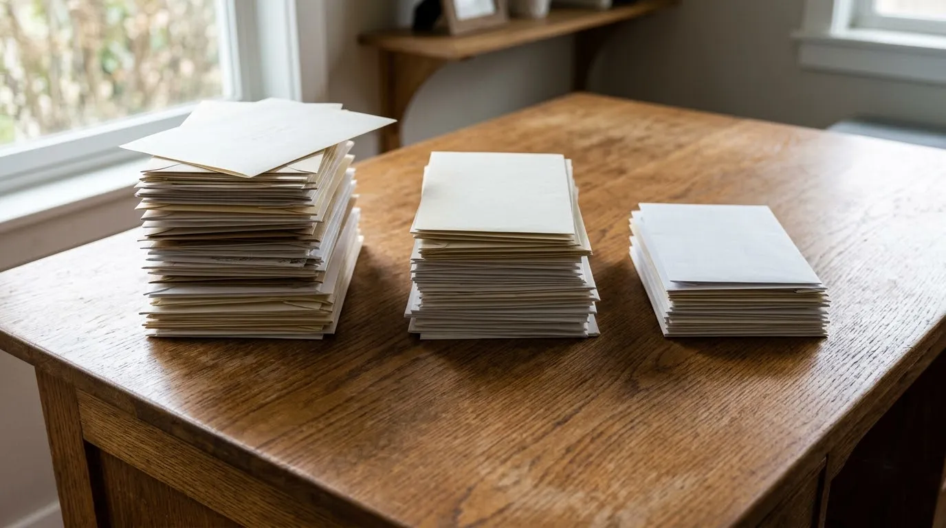 Paper correspondence sorted into neat stacks on a wide desk.