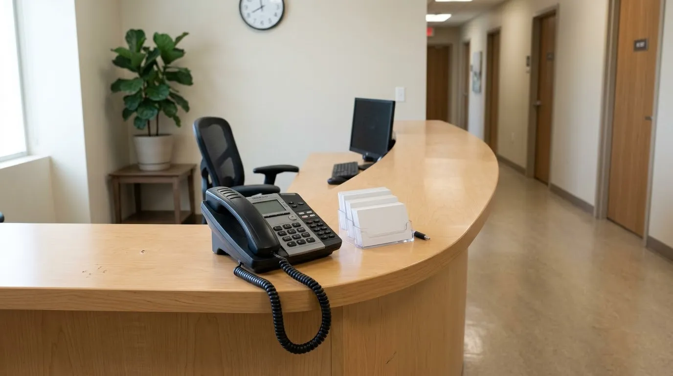 An empty reception desk with a telephone handset, lit by morning daylight.