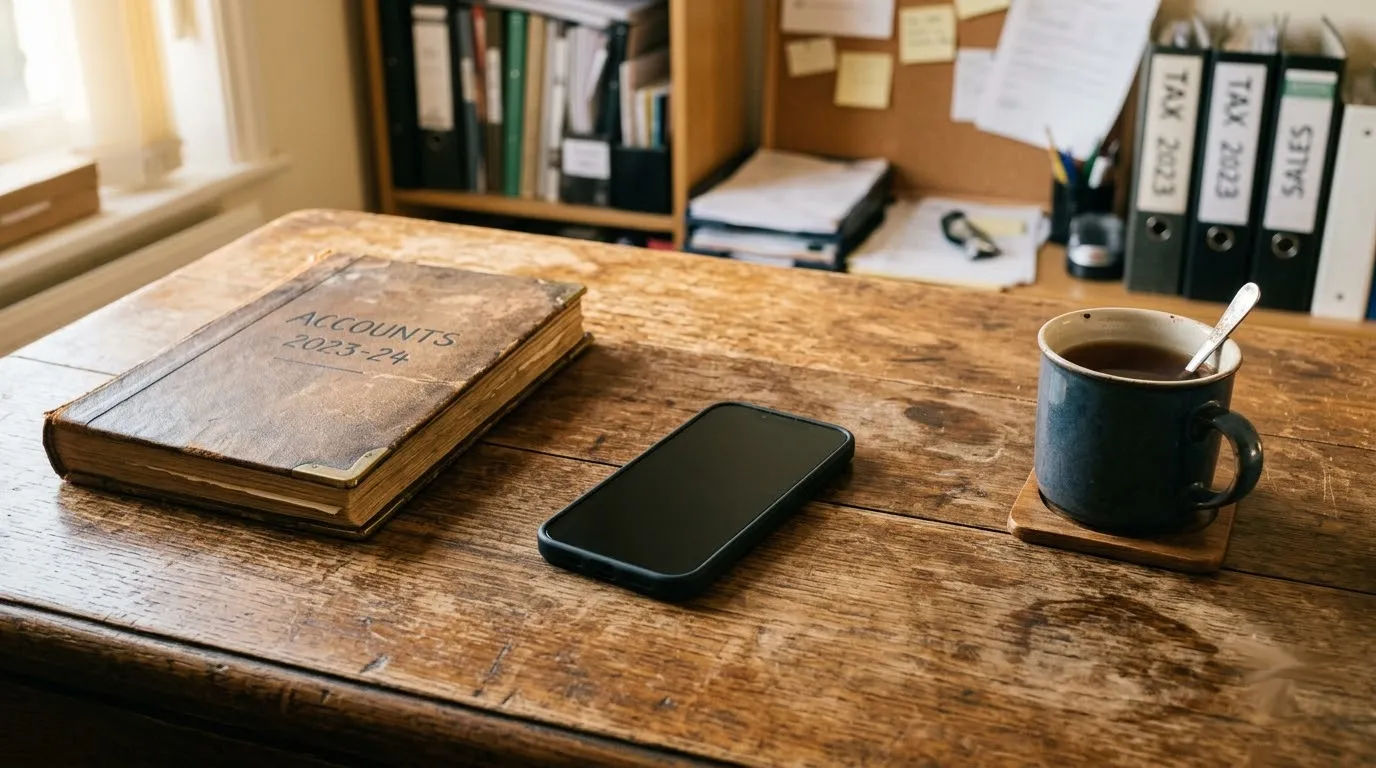 A phone held in one hand, mid-conversation, on a quiet desk.